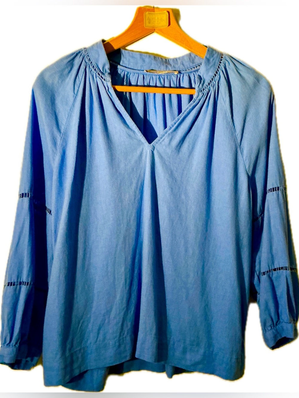 LOFT Petite Blue Linen Blend Peasant Blouse Size LP Minimalist Boho